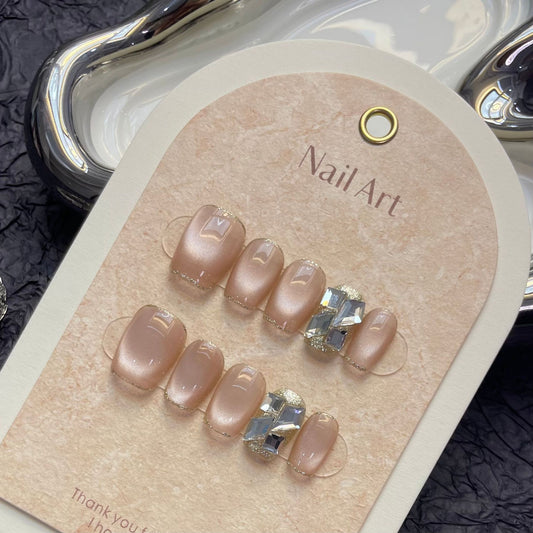 Cat-eye Champagne colour with Diamonds Press-on Nails